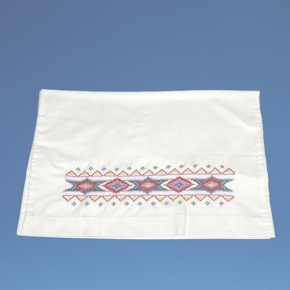 Vtg Cross Stitch Pillow Case Southwestern Geometric Embroidered Pillowcase Cover - Picture 12 of 12